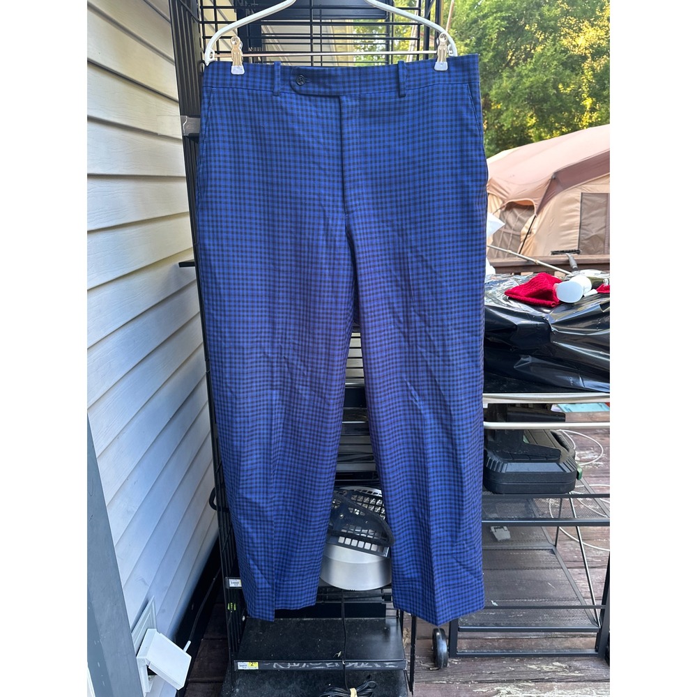 Tom James Executive Collection Mens Blue Gingham Check Wool Trousers Pants